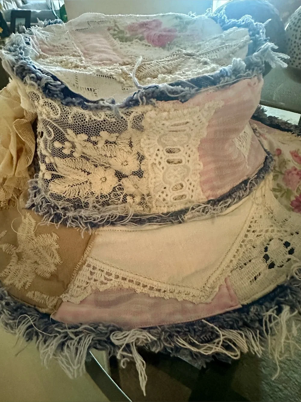 Artisan-made Bohemian Cream Floral Fabric Hat with Frayed Denim Trim
